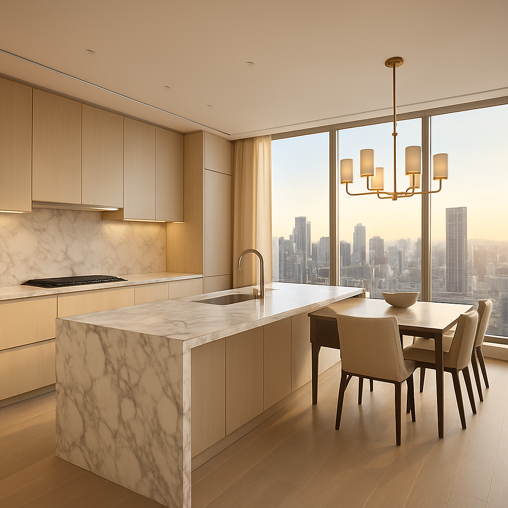 Elegant modern kitchen with city view